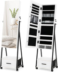 COSTWAY Mirror Jewelry Cabinet with Wheels, Standing Full-length Mirror with Jewelry Storage, Lockable Jewelry Organizer Box with Drawers, Rolling Jewelry Armoire for Women Girls Bedroom (White)