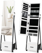 COSTWAY Mirror Jewelry Cabinet with Wheels, Standing Full-length Mirror with Jewelry Storage, Lockable Jewelry Organizer Box with Drawers, Rolling Jewelry Armoire for Women Girls Bedroom (White)