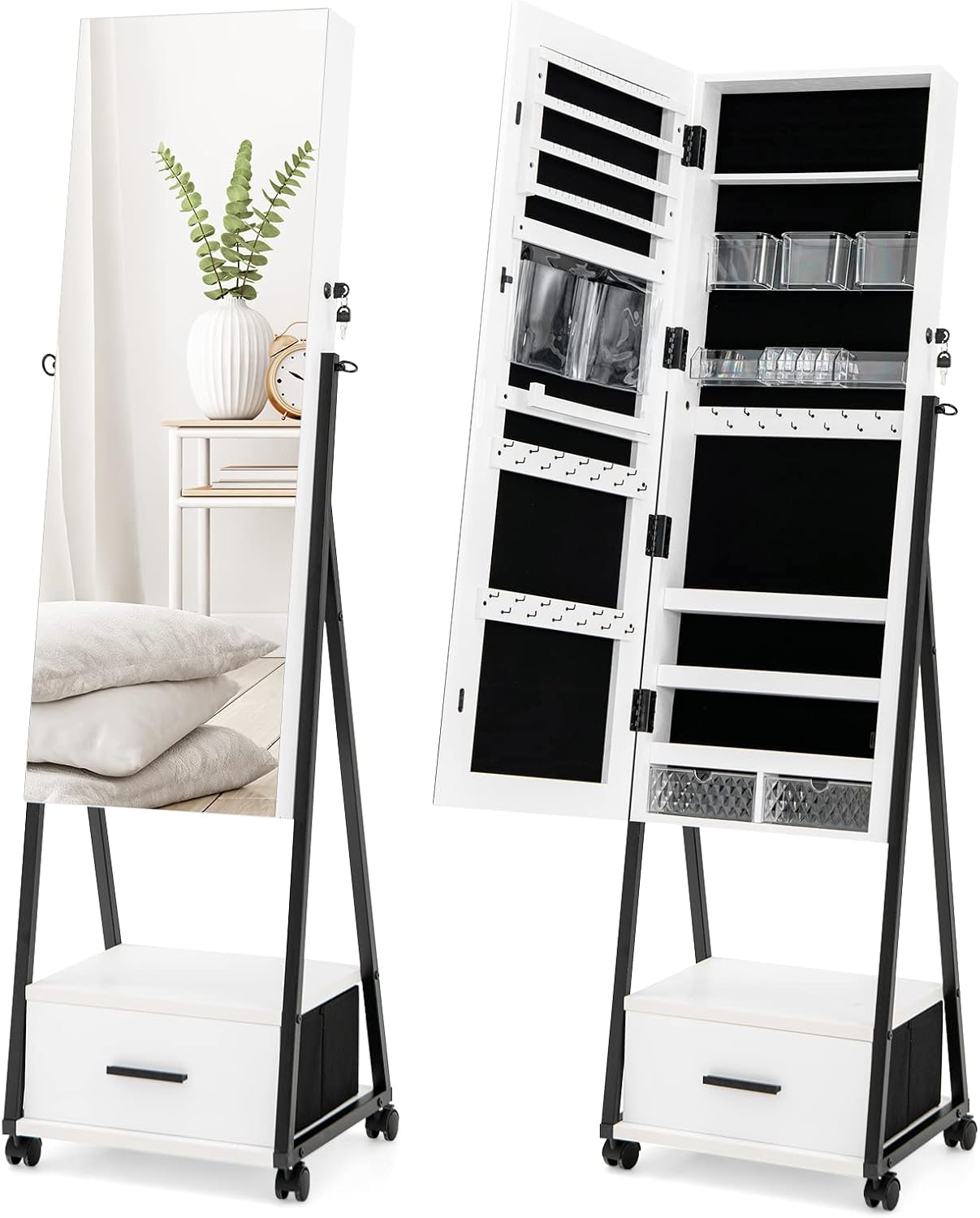 COSTWAY Mirror Jewelry Cabinet with Wheels, Standing Full-length Mirror with Jewelry Storage, Lockable Jewelry Organizer Box with Drawers, Rolling Jewelry Armoire for Women Girls Bedroom (White)