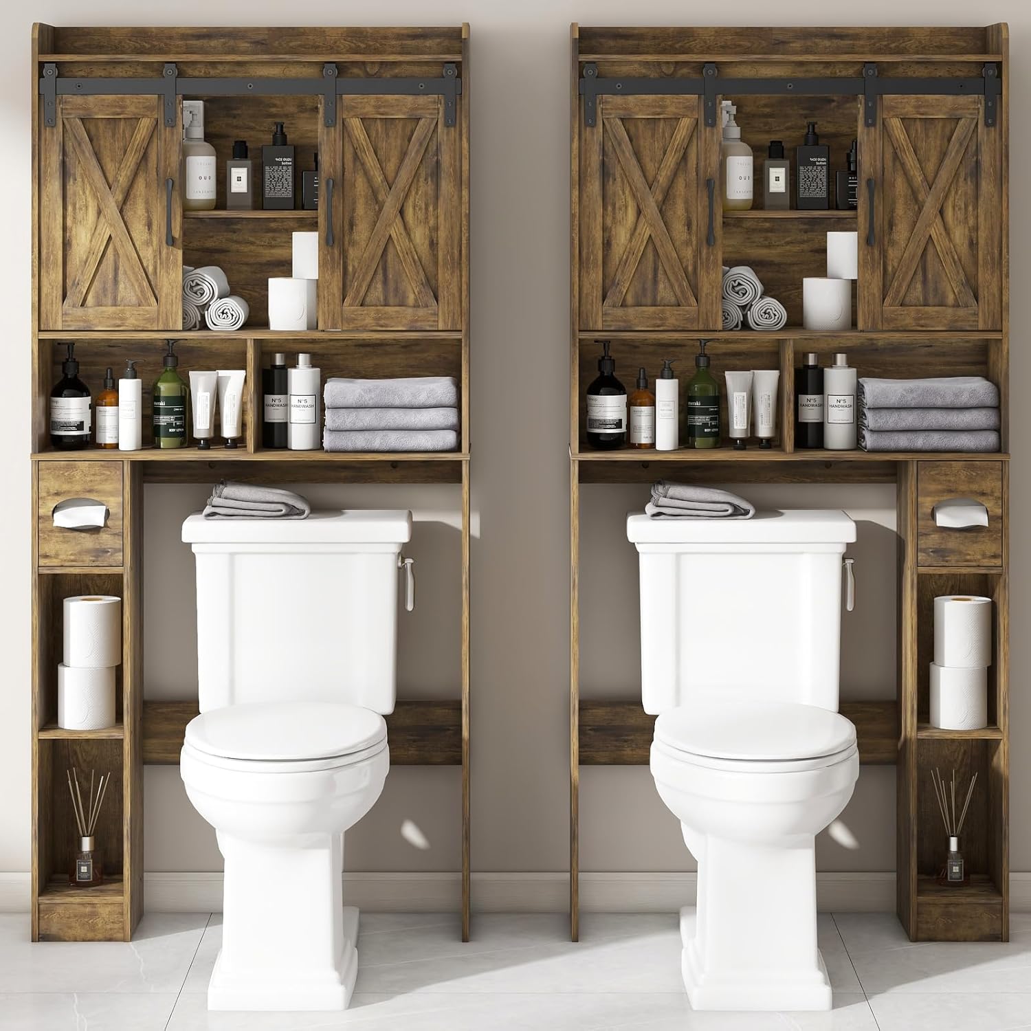 Vabches Over The Toilet Storage Cabinet, Farmhouse Storage Cabinet Over Toilet with Sliding Doors & Toilet Paper Holder Stand，Home Space-Saving Toilet Rack, for Bathroom, Restroom, Laundry