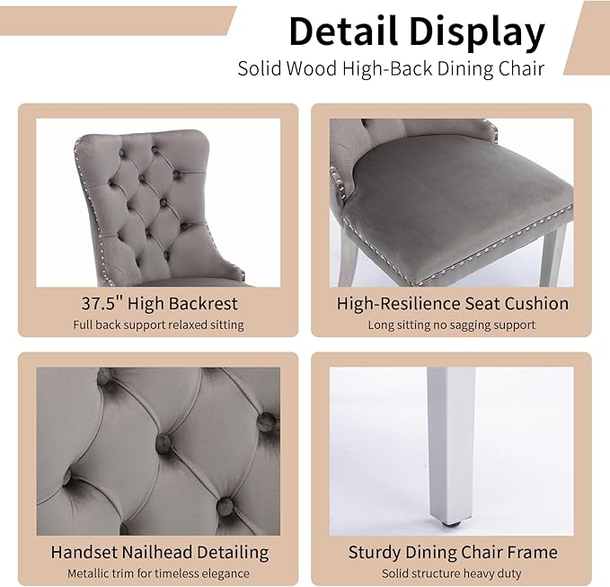 Luxury Upholstered Dining Chairs Set of 4, Grey Kitchen Chair with Silver Met...