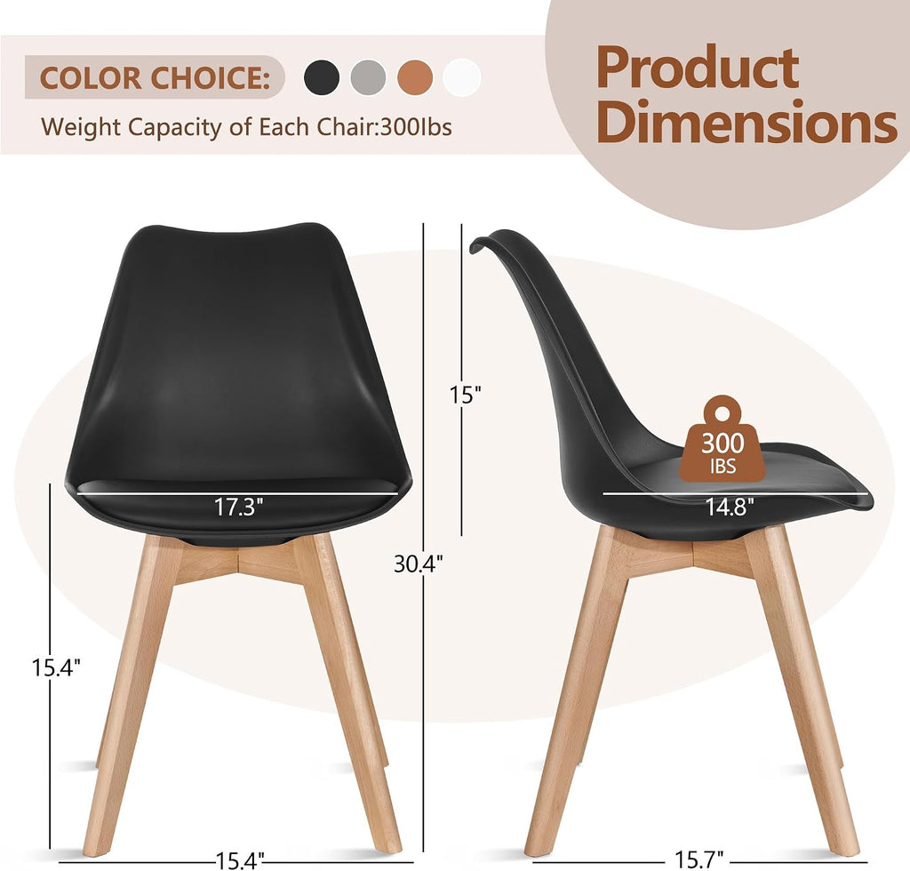 VECELO Dining Chairs Set of 4, Mid-Century Modern Kitchen & Dining Room Chairs, PU Leather Upholstered Seat, Solid Wood Legs, Armless, Non-Slip Feet, Black