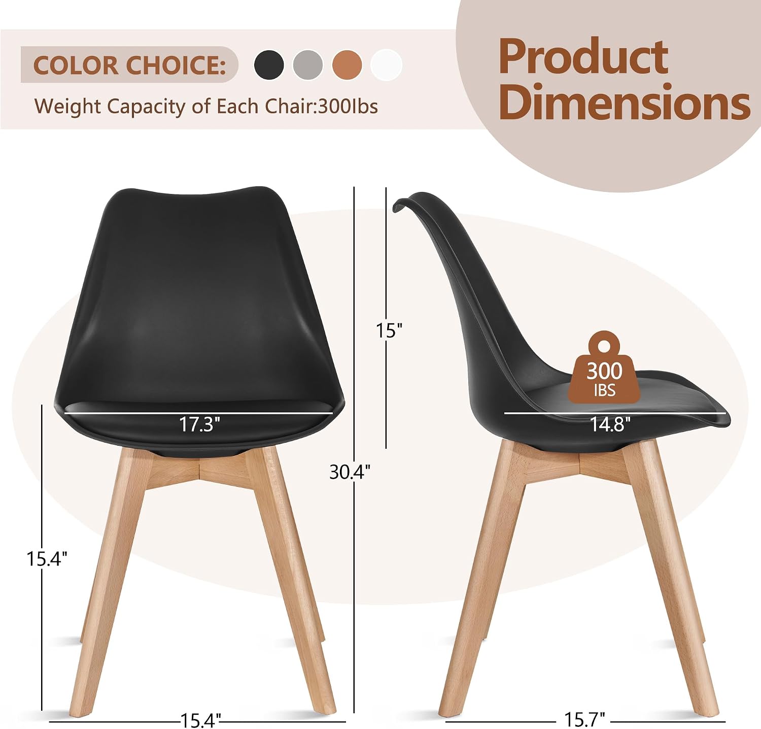 VECELO Dining Chairs Set of 4, Mid-Century Modern Kitchen & Dining Room Chairs, PU Leather Upholstered Seat, Solid Wood Legs, Armless, Non-Slip Feet, Black