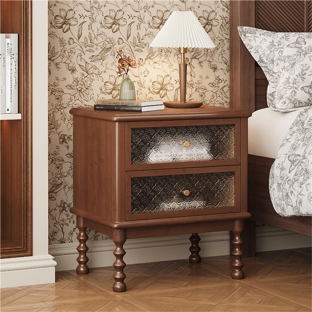 Vintage Wooden Nightstand Antique Bedside Table with 2 Floral Glass Drawers M...