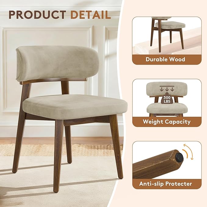 Dining Chairs Set of 2, Modern Upholstered Dining Chairs, Wooden Kitchen Chairs for Dining Room with Ergonomic Curved Backrest
