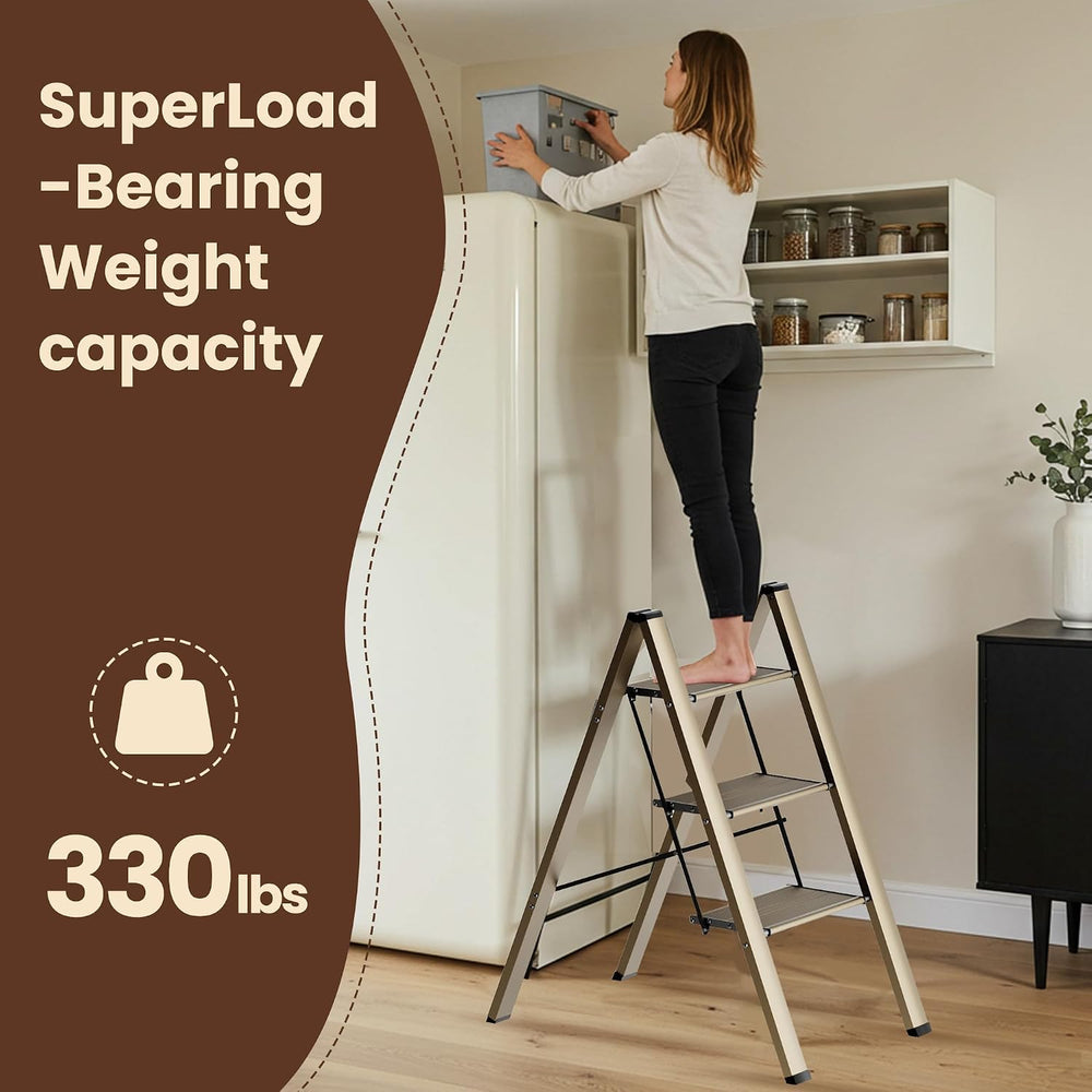 FlyGeneral 3 Step Ladder, Folding Ladder Stool, Gold