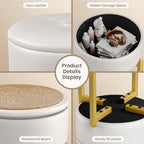 Memobarco 18-Inch Leather Vanity Stool Chair with Storage, Vanity Bench with 4 Golden Metal Legs & Anti-Slip Adjustable Feet,Round Storage Ottoman Stool with Removable Soft Padded Seat, White