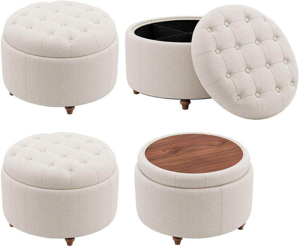 25" Round Ottoman with Storage, Small Coffee Table with Reversible Tray ...
