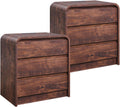 25" Tall Modern Nightstand Set of 2, 23.6" Wide Wood Bedside Table with Charging Station, 3 Storage Drawers Side Table w/Curved Profile Design,End Table for Bedroom, Living Room, Brown