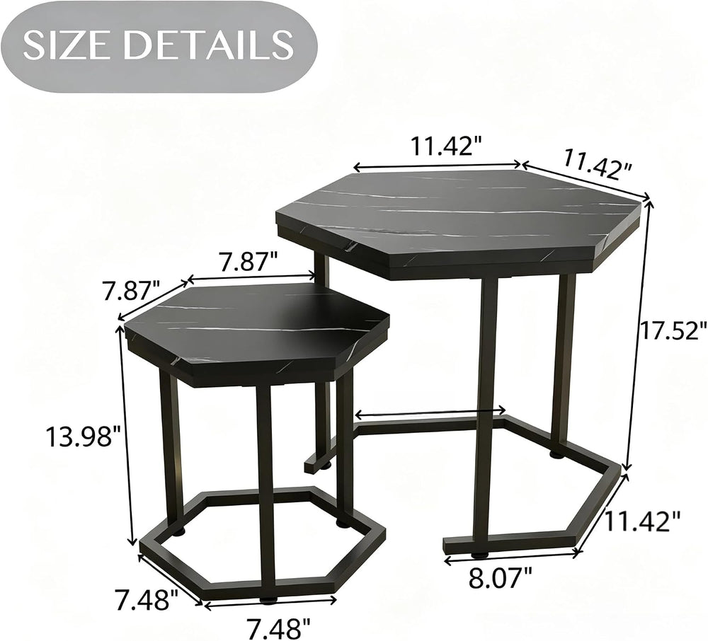 Hexagon Nesting Side Tables Set of 2, Black Marble | Space-saving hexagon nes...