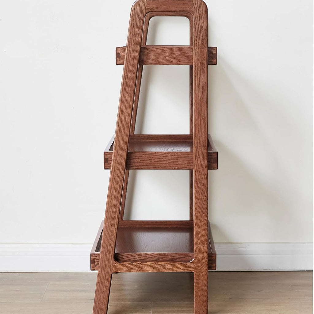 Solid Oak 3-Tier Ladder Shelf, Small Bookshelf with Anti-Dropping Guardrails, Free Standing A-Frame Wood Storage Organizer & Plant Stand for Living Room, Bedroom, Small Spaces (Walnut)