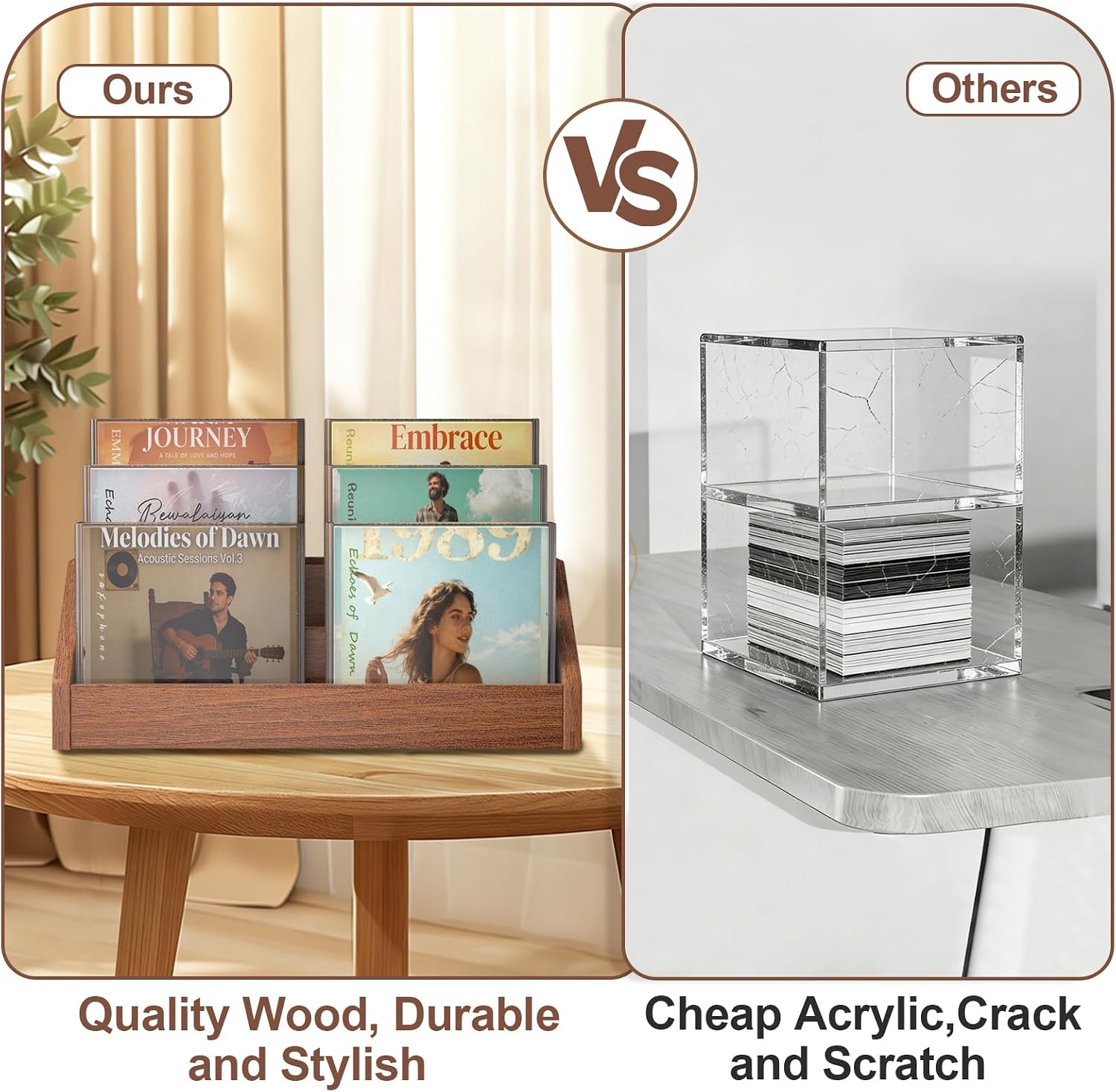 3 Tier CD Holder,Wood CD Storage Rack,CD/DVD Display Stand | Holds 24 Jewel Cases,CD Organizer with Handles for CD DVD Cassettes Tapes,Rustic Brown for Home Office & Music Lovers