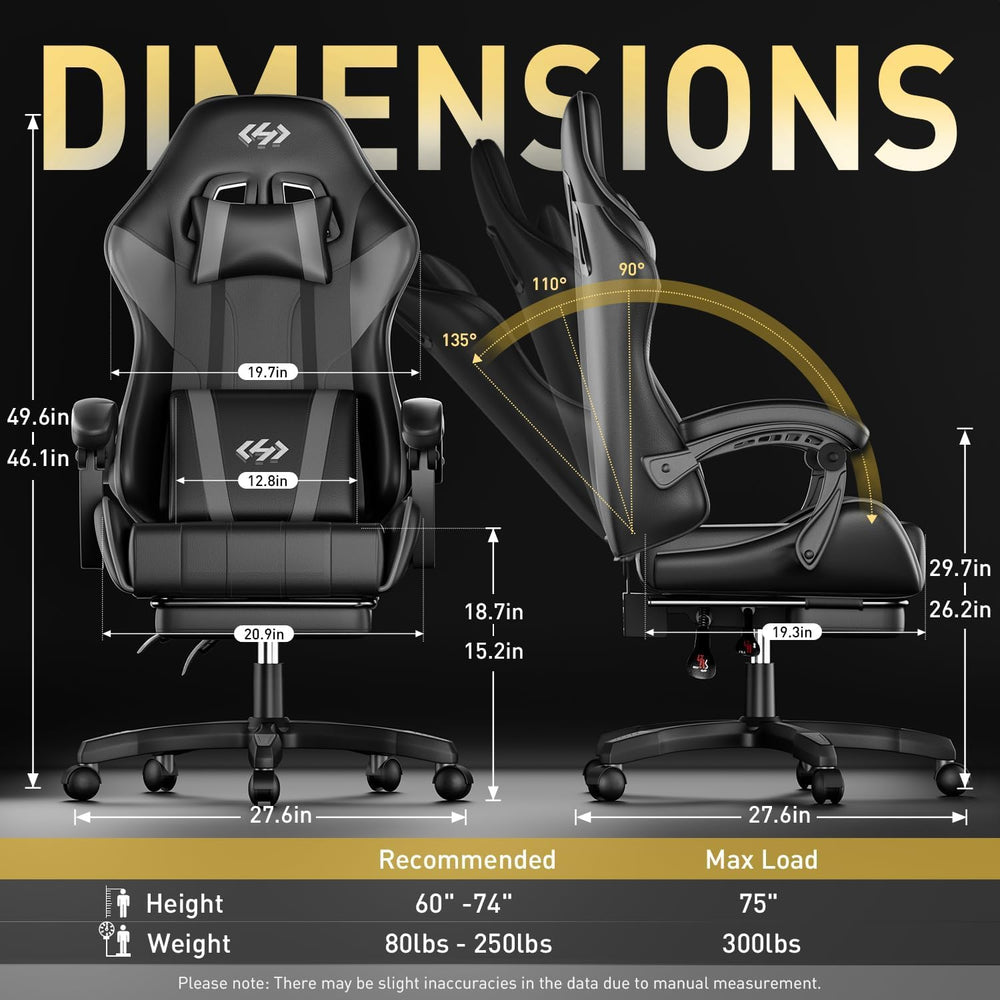 HLDIRECT Gaming Chair with Footrest, Lumbar Support & Headrest, Black&amp...