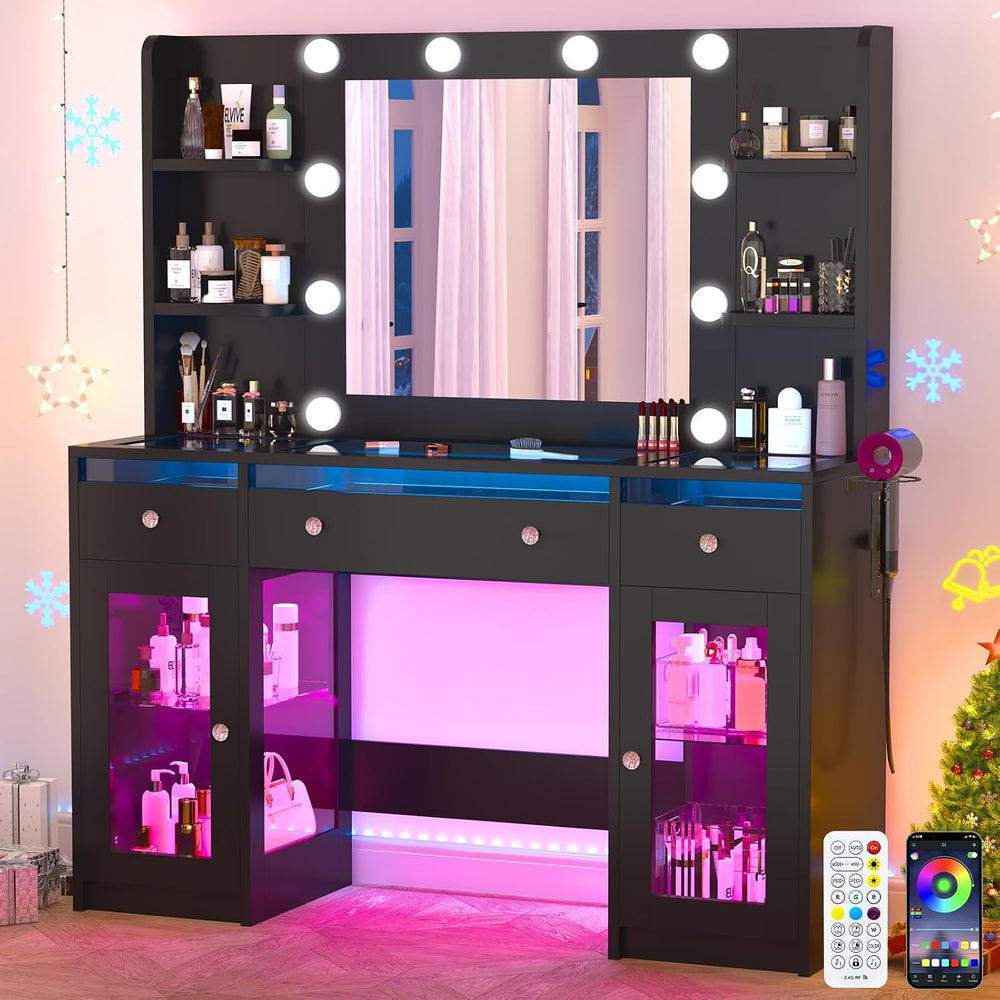 Vanity Desk W/6000-Colors Light&Power Outlet,Makeup Vanity Desk W/LED Mir...