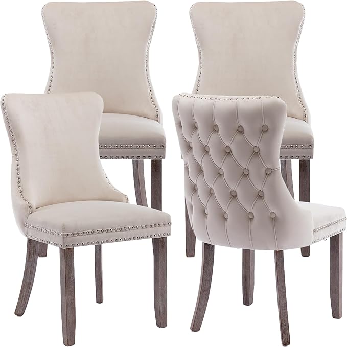 Modern Dining Chairs Set of 4, Upholstered Dining Chair with Full Back and Button Tufting, Beige Velvet Accent Chair, Sillas de Comedor, 4 Dining Chairs (Beige, Velvet, 4Pcs)