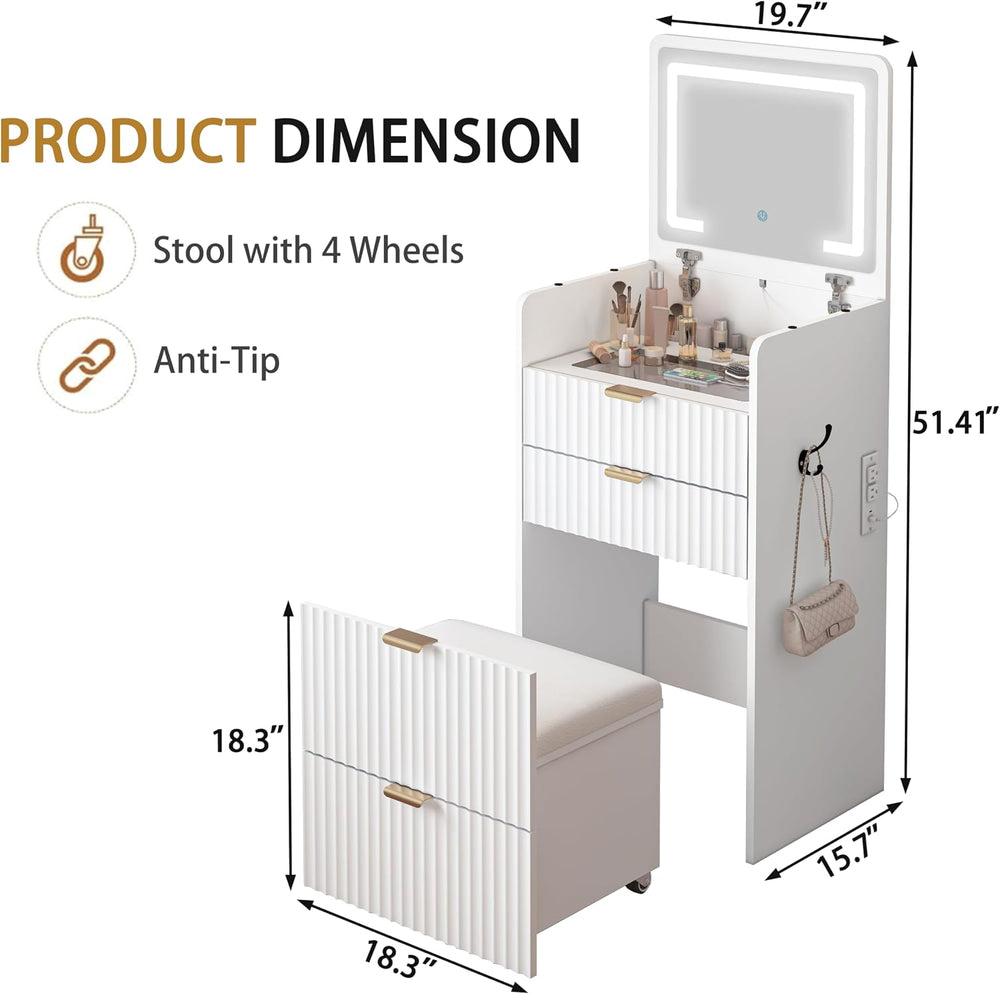 3 in 1 Vanity Desk with Flip Top Mirror and Lights, Small Makeup Vanity with ...