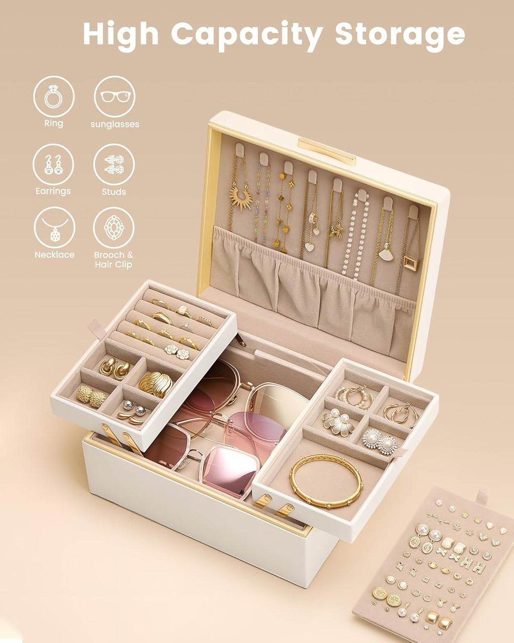 Lolalet Jewelry Box for Women Girls, 2 Layer Jewelry Organizer -Cream | Jewellery Storage Case, Necklace Earrings Rings Bracelets Holder, Cnristmas Birthday Gifts for Mom Teen Girls Daughter
