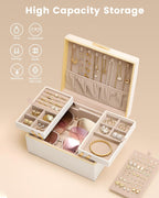 Lolalet Jewelry Box for Women Girls, 2 Layer Jewelry Organizer -Cream | Jewellery Storage Case, Necklace Earrings Rings Bracelets Holder, Cnristmas Birthday Gifts for Mom Teen Girls Daughter
