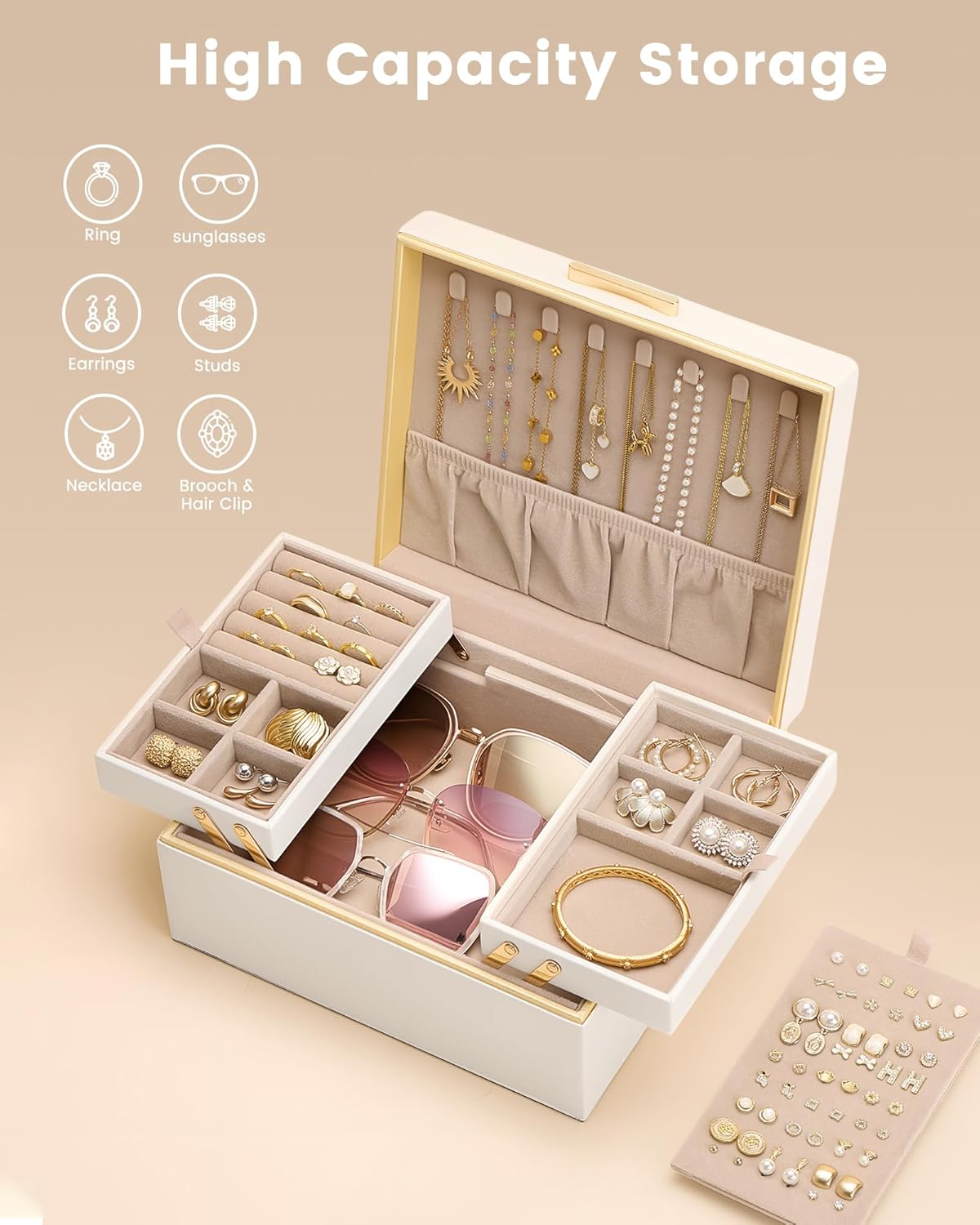 Lolalet Jewelry Box for Women Girls, 2 Layer Jewelry Organizer -Cream | Jewellery Storage Case, Necklace Earrings Rings Bracelets Holder, Cnristmas Birthday Gifts for Mom Teen Girls Daughter