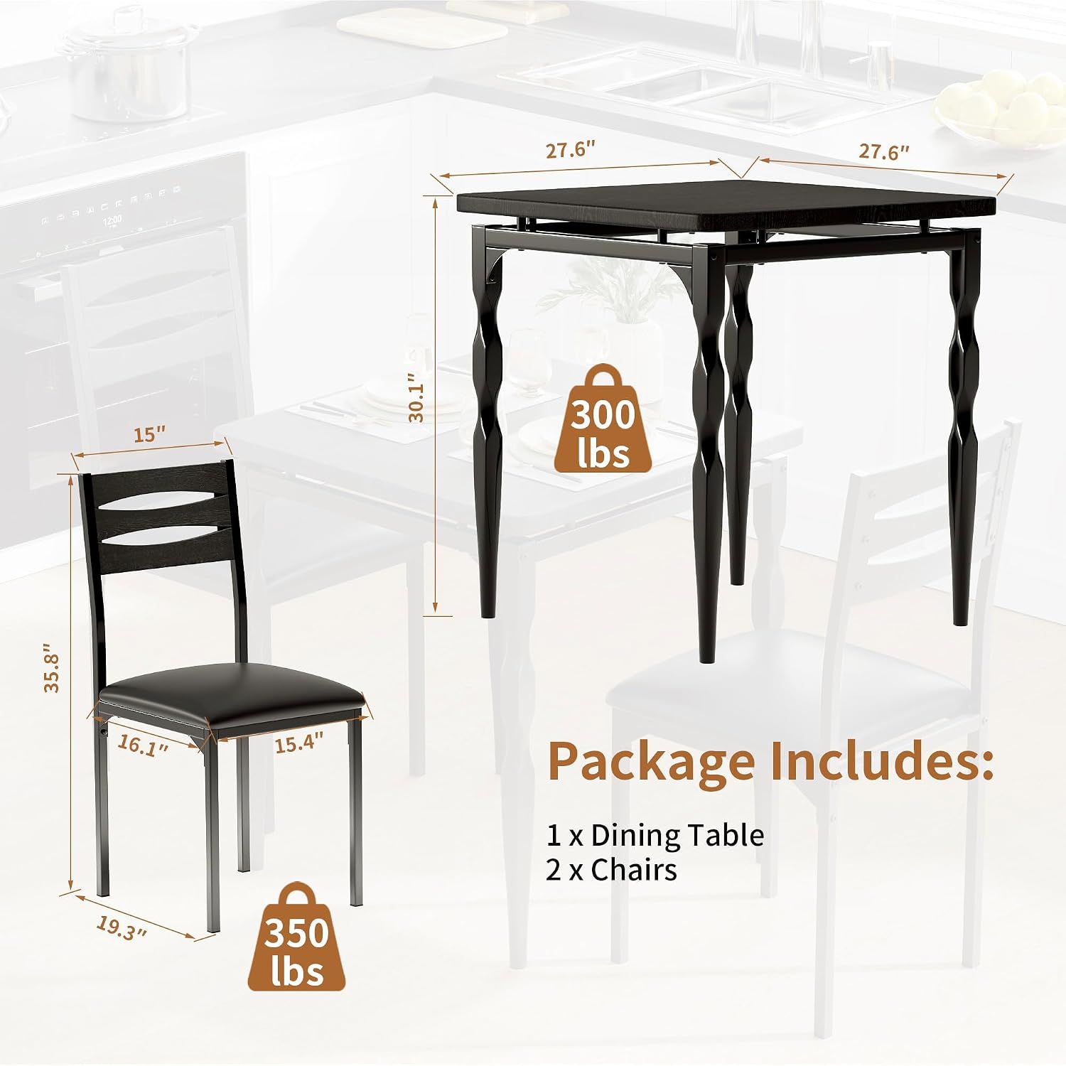 GarveeHome 3 Piece Dining Table Set, Kitchen Table Set for 2, Black | Dining Table and Chairs Set of 2, With Spiral Table Legs, Suitable for Small Spaces, Kitchen, Apartment
