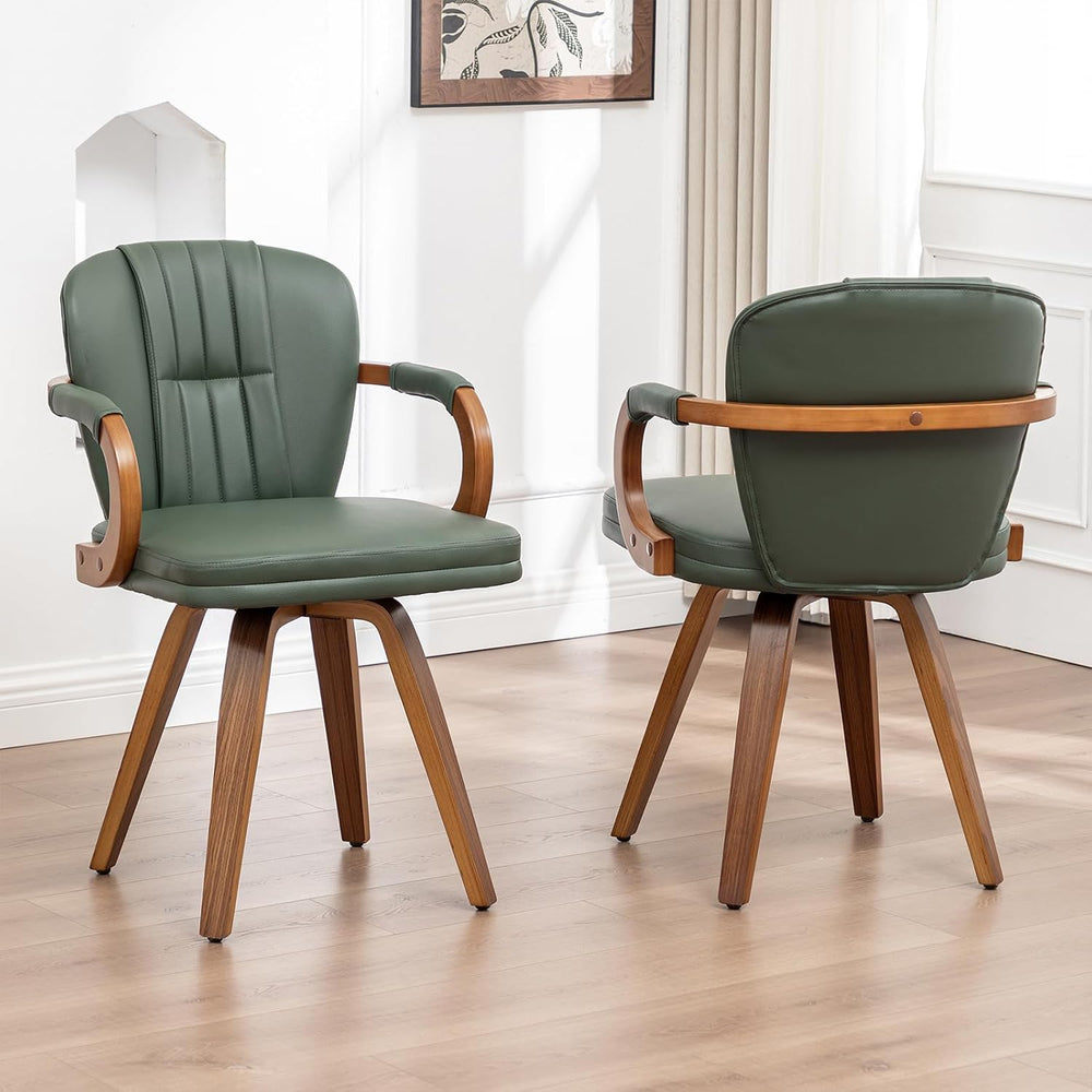 Swivel Dining Chairs Set of 2 Mid Century Modern Green Faux Leather Upholster...
