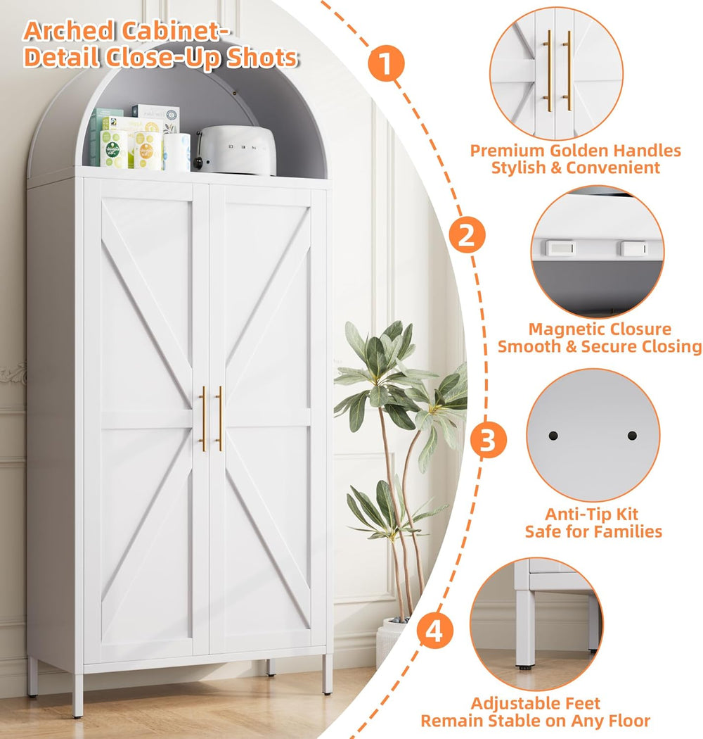 72.8" H White Metal Arched Pantry Cabinet, 30.7" W, 2-Door | Kitche...