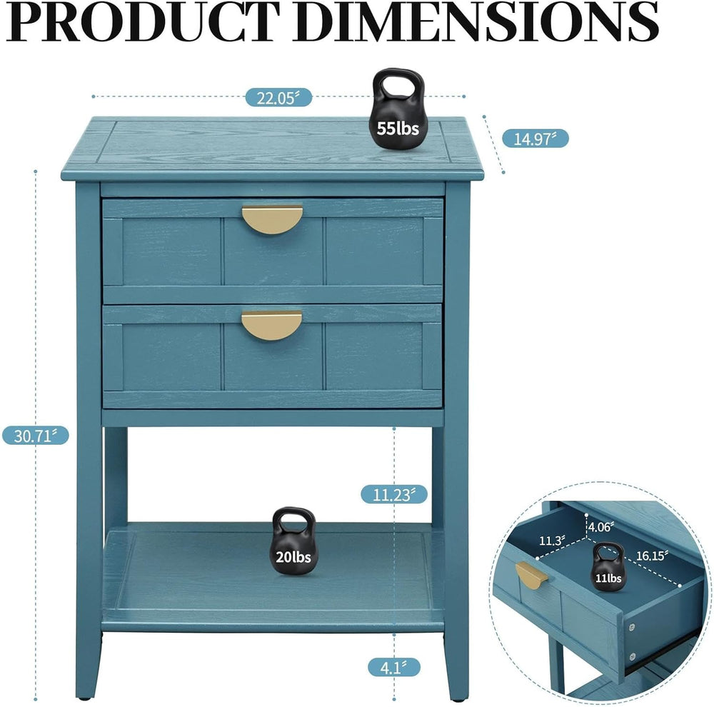 22" Blue Nightstand with 2 Storage Drawers Bedside Table with Open Shelf...