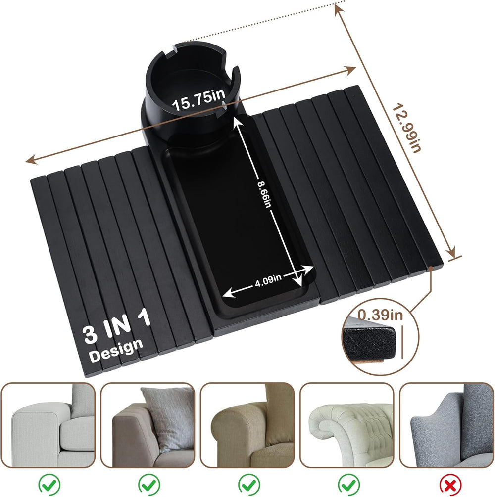 Couch Cup Holder for Armrests Over 4.9" Wide with 360° Phone Stand Black...
