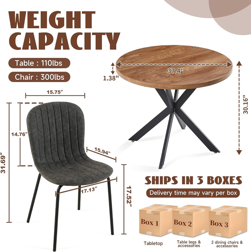 37 Inch Round Dining Table Set for 4, Modern Small Circle Kitchen Coffee Set for Apartment Living Room Office, Save Space(1 Wooden Table + 2 Grey PU Leather Chairs)