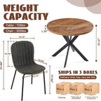 37 Inch Round Dining Table Set for 4, Modern Small Circle Kitchen Coffee Set for Apartment Living Room Office, Save Space(1 Wooden Table + 2 Grey PU Leather Chairs)