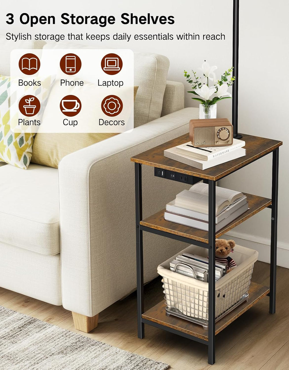 Floor Lamp with Table & Remote, Side End Table with Charging Station, Dim...