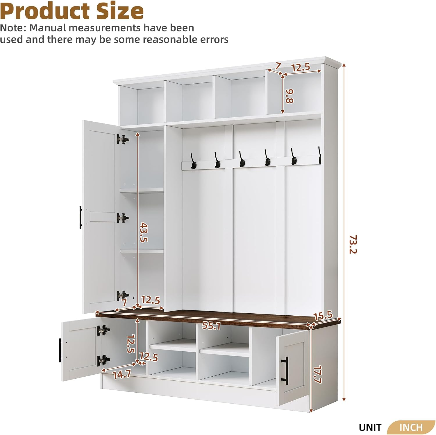 4-in-1 Hall Tree with Bench and Shoe Storage, Multi-functional Entryway Bench with Coat Rack, Storage Shelves, Shoe Cubbies, Adjustable Shelves, and 6 Hooks for Entryway, Hallway, White