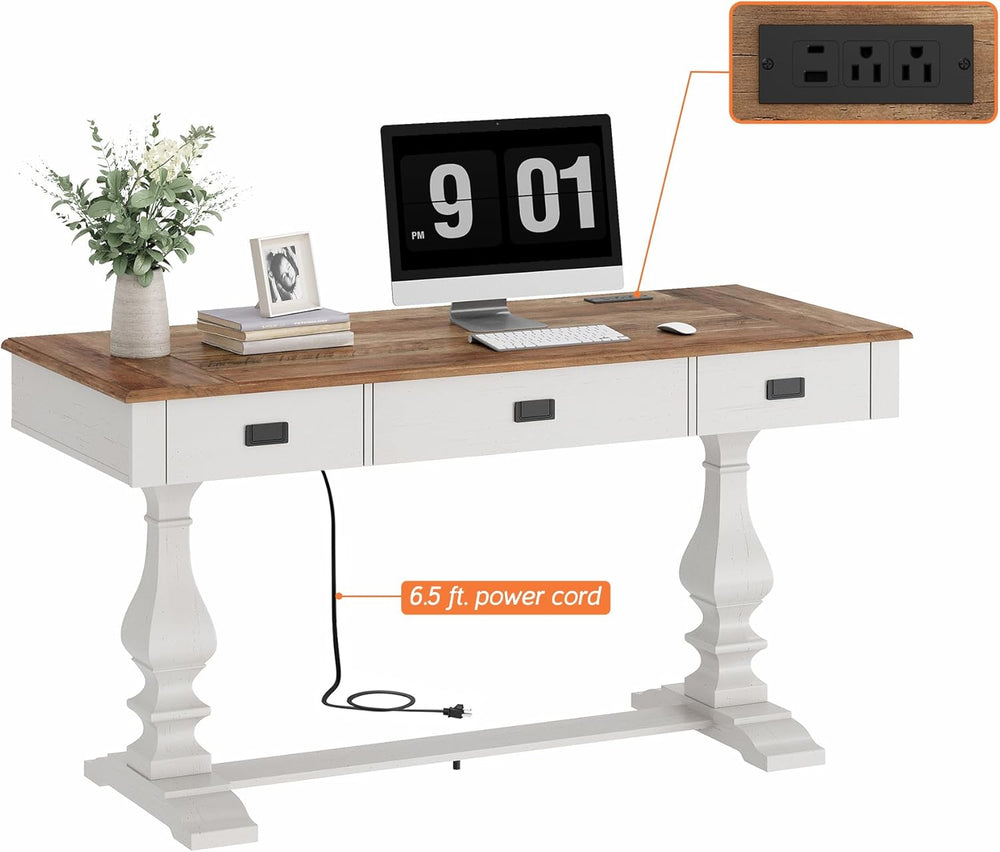WAMPAT 60-inch Vintage Farmhouse Desk with Charging Station & Deep Drawers