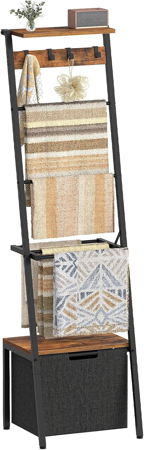 HOOBRO Blanket Ladder Bundle, 63.4" H Decorative Ladder Shelf with Hooks, Towel Rack with 1 Fabric Drawer, BF13CJ01-BF92CJ01