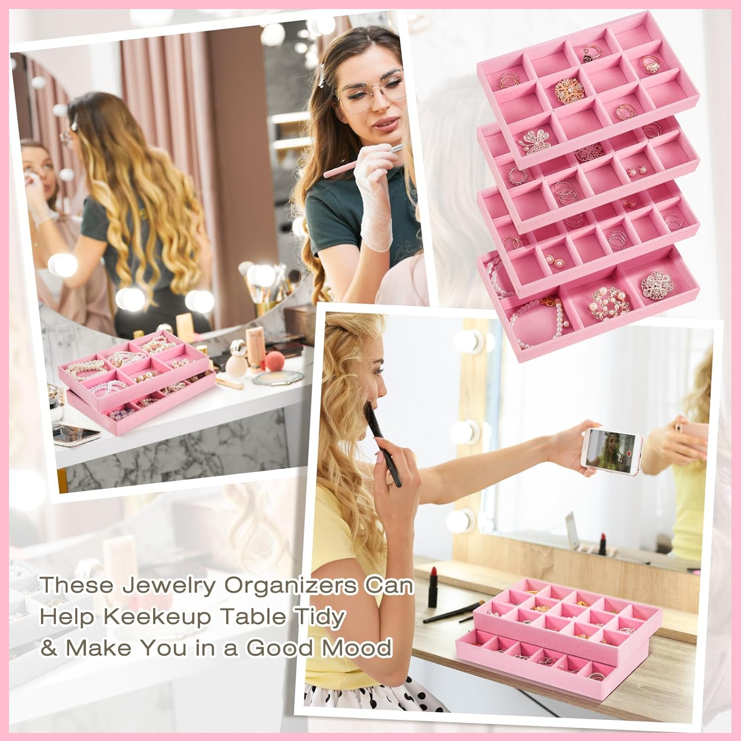 Junkin 12 Pcs Jewelry Tray Velvet Stackable Jewelry Organizer Trays Divided Earring Accessories Storage Containers Box (Rose Red)