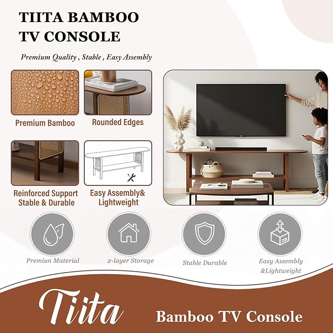Tiita TV Stand with Storage for TVs up to 65'', Bamboo TV Console Ent...