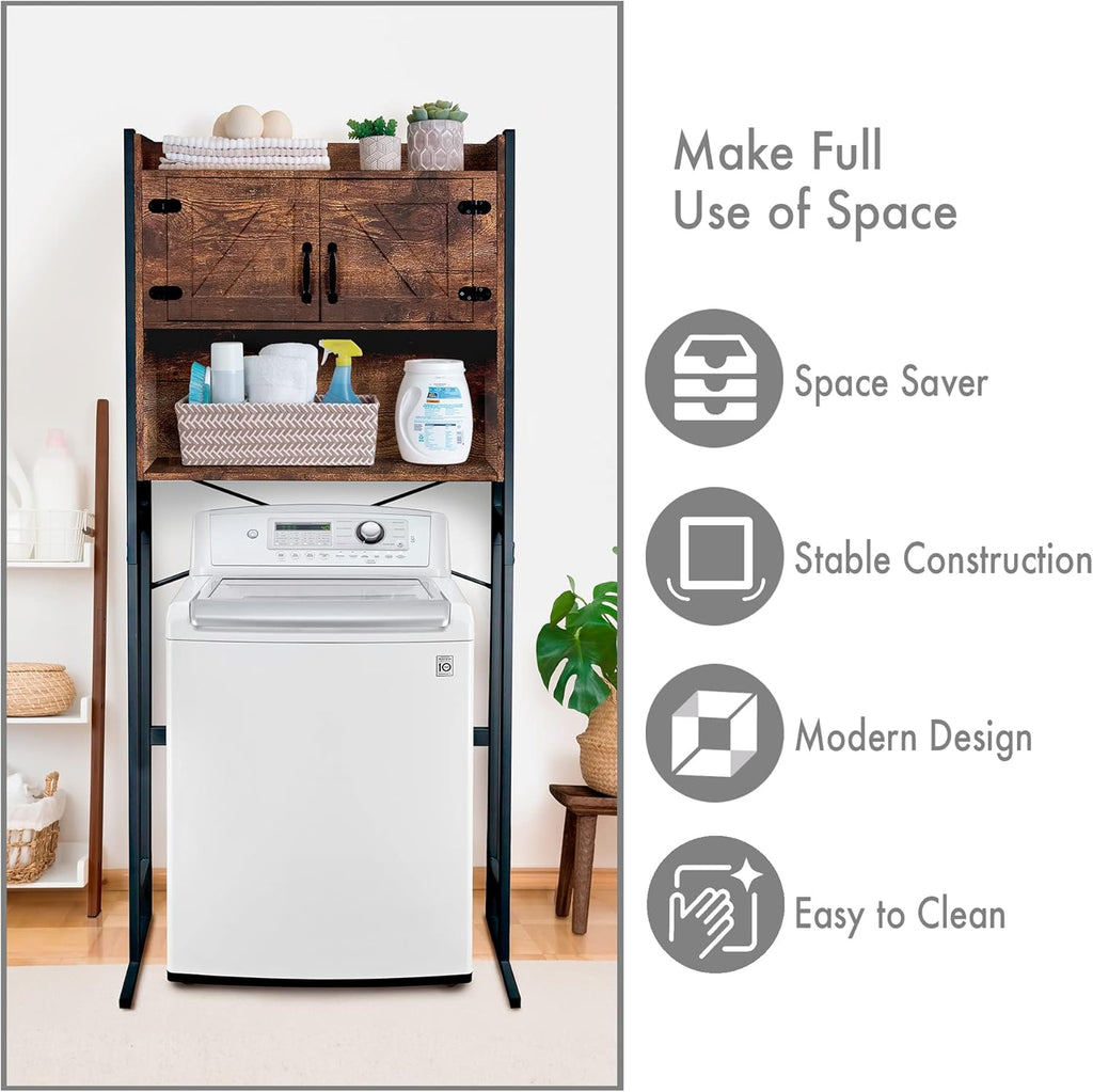 Over The Washer or Over The Toilet Storage Cabinet w/Height Adjustable Shelf Laundry Room/Bathroom Organizer Rack, 2-Door Freestanding Rack Space Saver, Wood