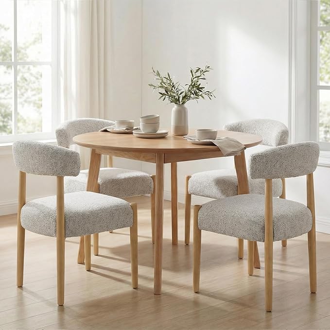VKNOW Wooden Dining Chairs Set of 2, Modern Upholstered Dining Room Chairs with Rubberwood Legs and Curved Backrest, Fabric Kitchen Chairs for Farmhouse/Living Room/Dining Room, Heathered Off-White
