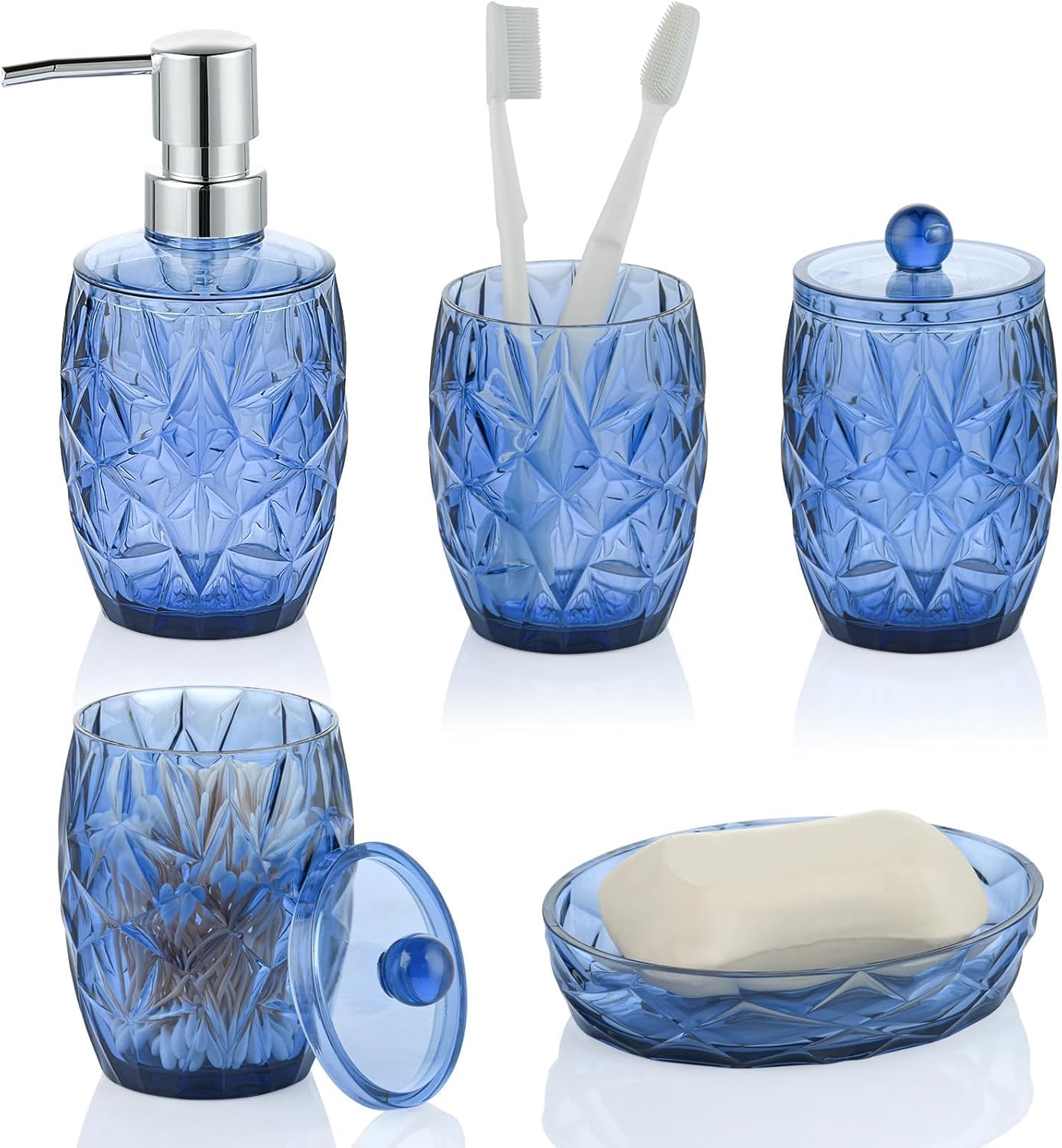 Modern Shatterproof Acrylic Cobalt Blue Bathroom Accessories Set – 5-Piece Glass-Free Vanity Set with Soap Dispenser, Toothbrush/Makeup Brush Holder, 2 Cotton Jars with Lids, and Soap Dish