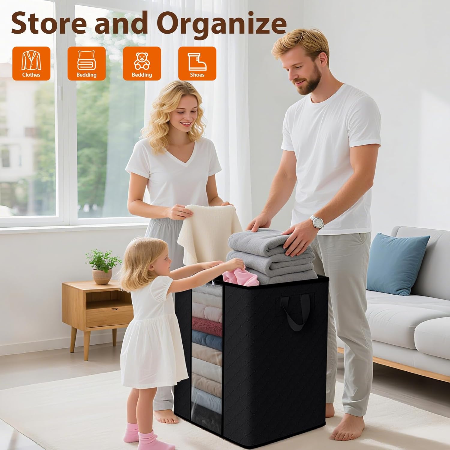 SpaceWhisper 6 Pack 100L Clothes Storage, Foldable Thick Fabric Blanket Storage Bags, Containers for Organizing Bedroom, Closet, Clothing, Comforter,Closet Organization with Handle,Black