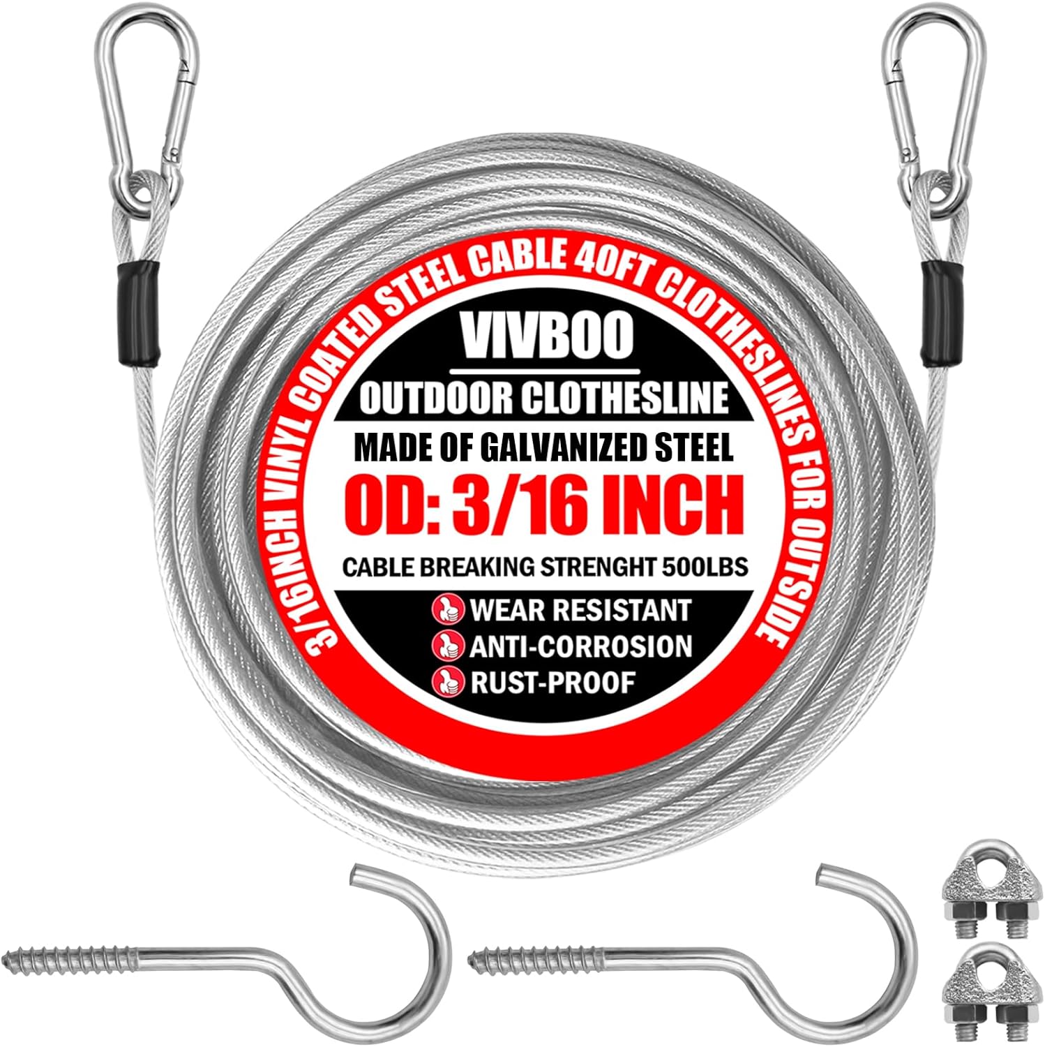 40ft Clothes Line Outdoors 3/16" Wire Ropes Silver PVC Coating Laundry Drying Clothesline with Metal Hooks and Snap Heavy Duty for Umbrella Travel Outside Camping Backyard