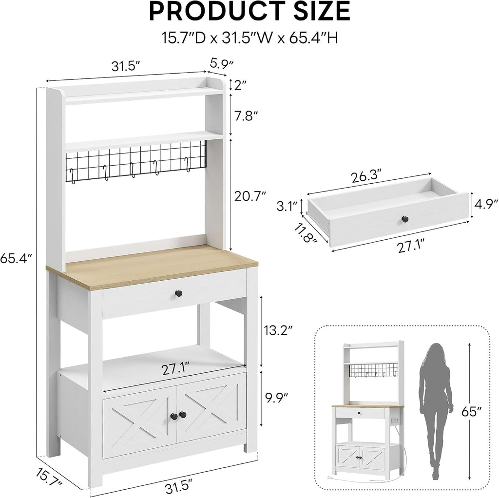 LIKIMIO Baker Rack with Spill-Safe Power Outlet & Drawer, Coffee Bar Cabinet with Storage, Farmhouse Microwave Stand with Hutch and 5 Hooks for Kitchen, White