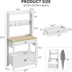 LIKIMIO Baker Rack with Spill-Safe Power Outlet & Drawer, Coffee Bar Cabinet with Storage, Farmhouse Microwave Stand with Hutch and 5 Hooks for Kitchen, White