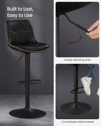 VASAGLE Bar Stools, Set of 4 Swivel Bar Chairs, Adjustable Height, Quilt, Synthetic Leather Kitchen Stools with Back and Footrest, Dining Room, Counter, Steel, Ink Black ULJB095BH01-2J
