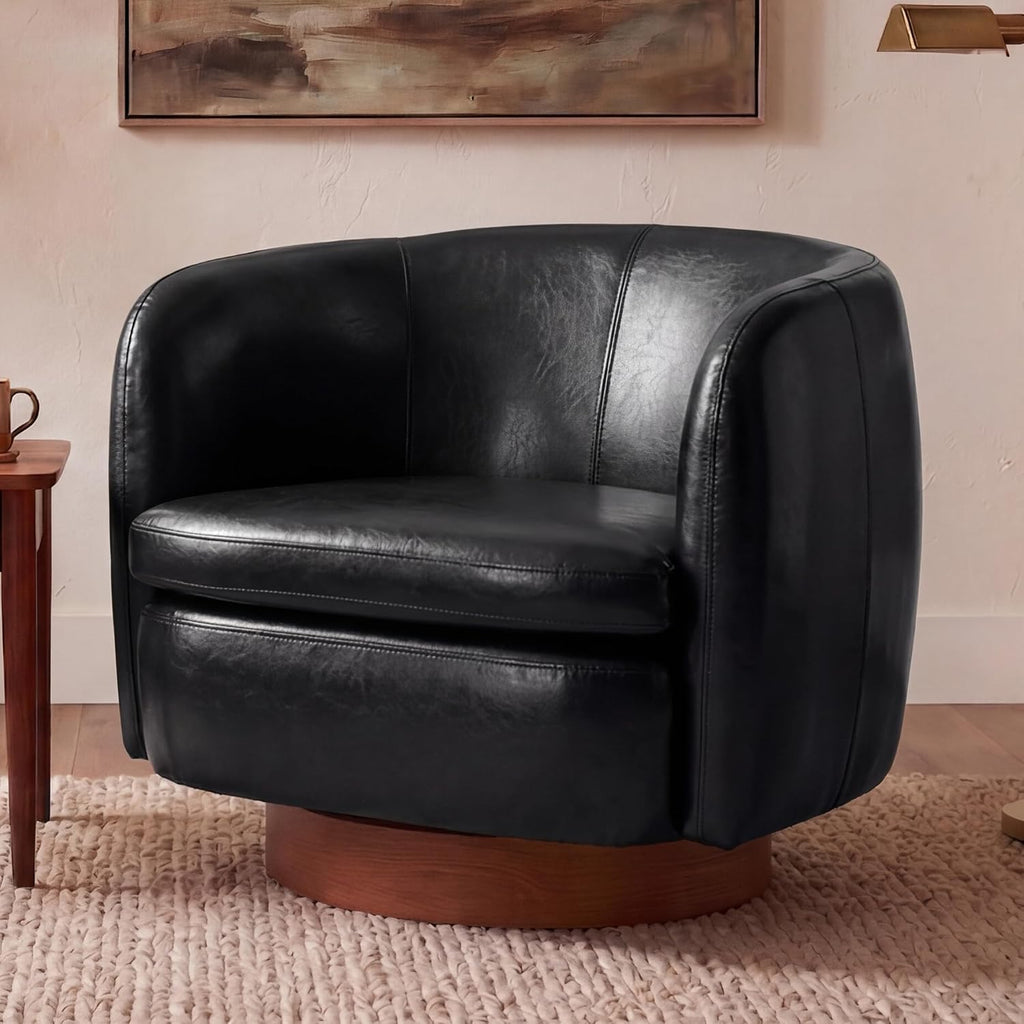 Mistpeople Swivel Barrel Accent Chair, 360° Rotating Small Single Sofa Chair, Upholstered Round Armchair with Solid Wood Base, Modern Comfy Mini Sofa for Living Room, Bedroom, Office, Black