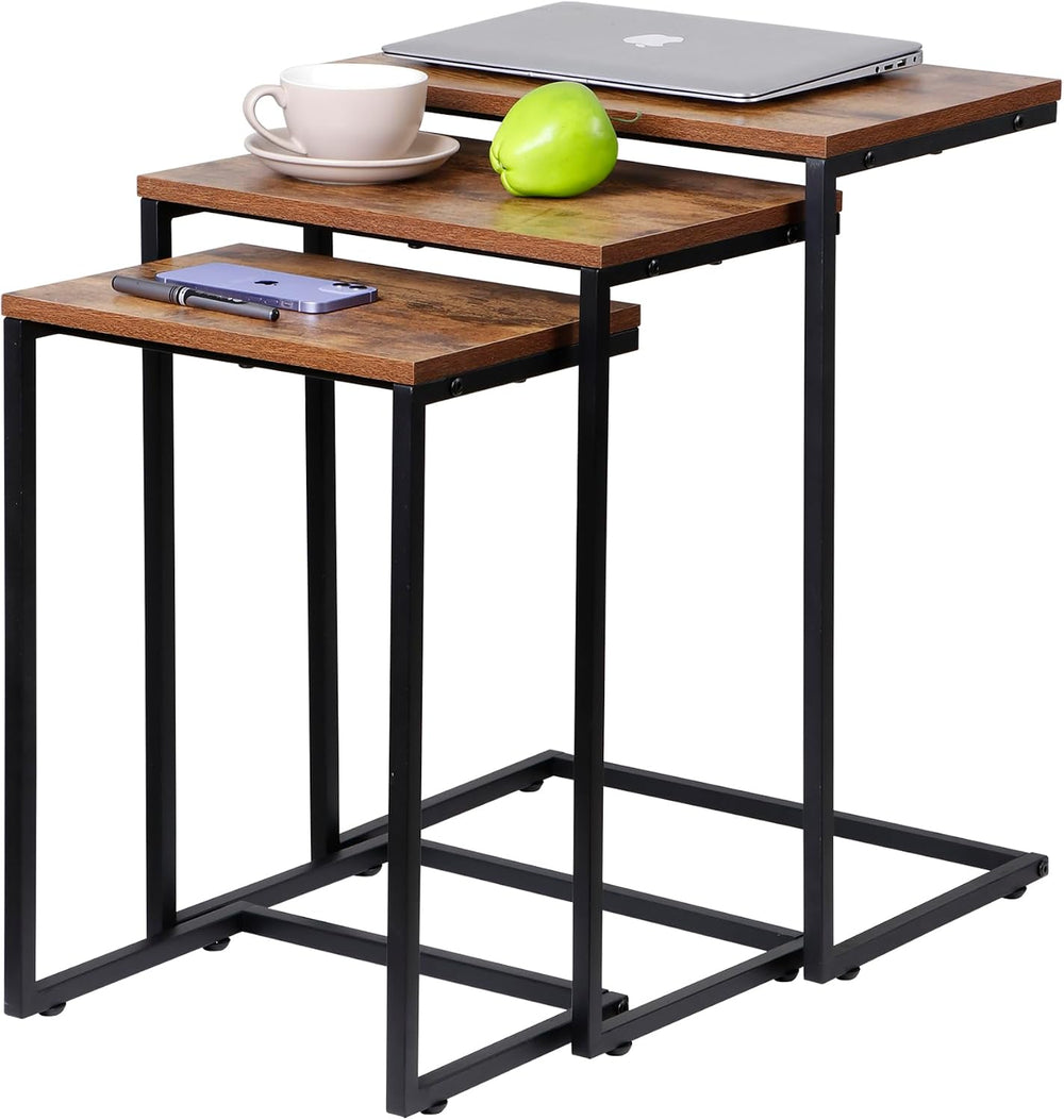 SUPER DEAL Nesting Tables Set of 3, Industrial C Shaped End Table Stackable C...