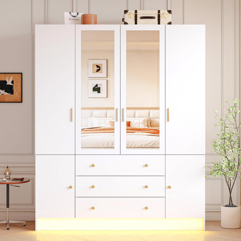 4 Doors LED Armoire Wardrobe Closet with Mirror, 75" Tall Modern Wooden ...