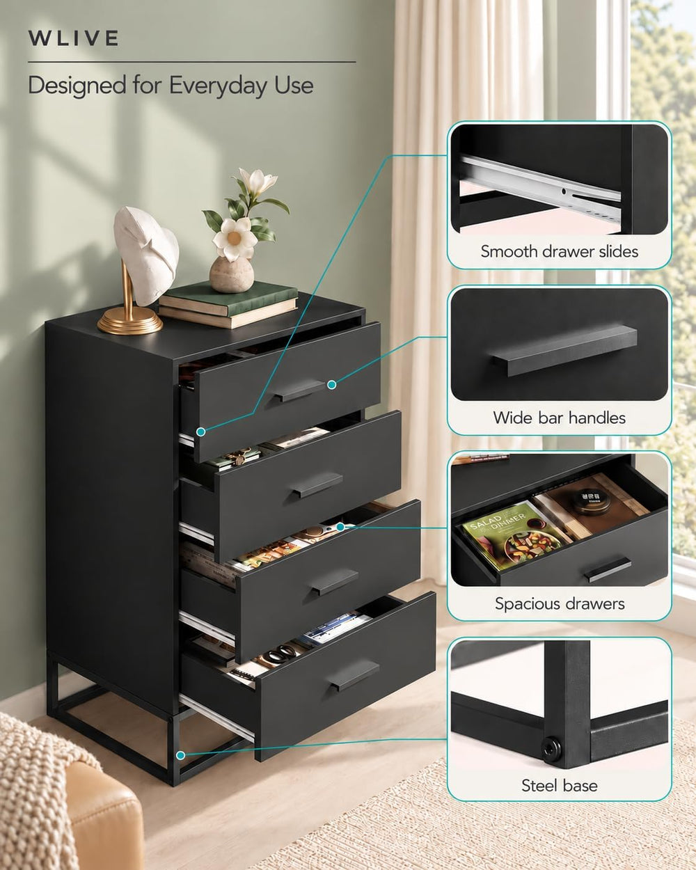 WLIVE Wooden Dresser for Bedroom with 4 Drawers, Black