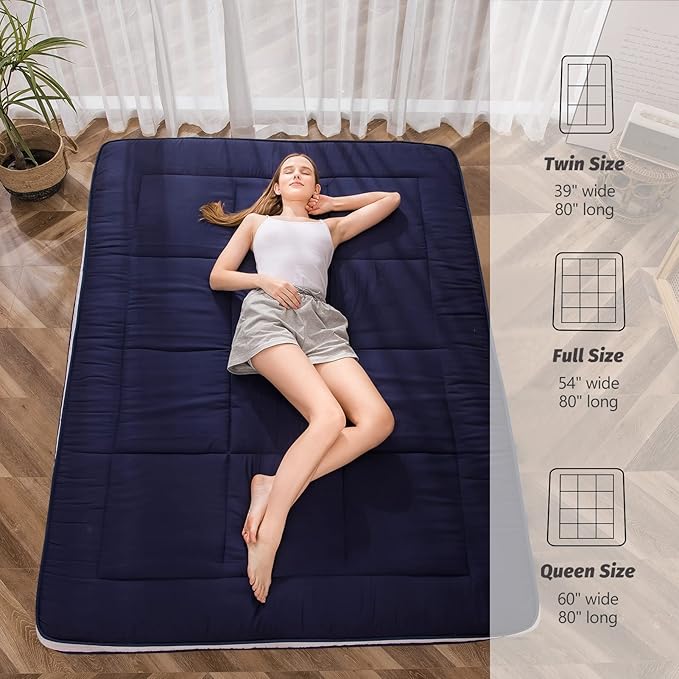 MAXYOYO Futon Mattress, Padded Japanese Floor Mattress Quilted Bed Mattress Topper, Extra Thick Folding Sleeping Pad Breathable Floor Lounger Guest Bed for Camping Couch, Navy, Full