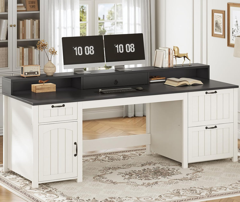 SEDETA 63" Farmhouse Executive Desk with Drawers and Storage, White + Black